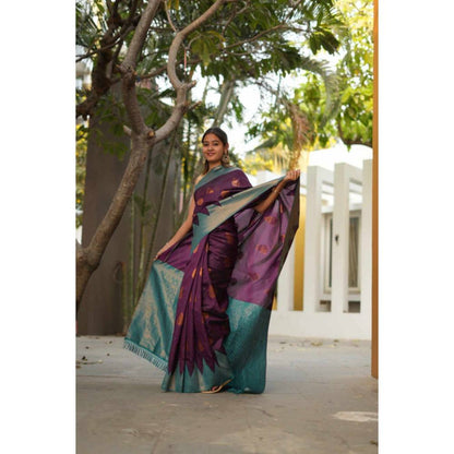 Isadora Life Womens Woven Zari Purple Pre-Draped Saree with Unstitched Blouse