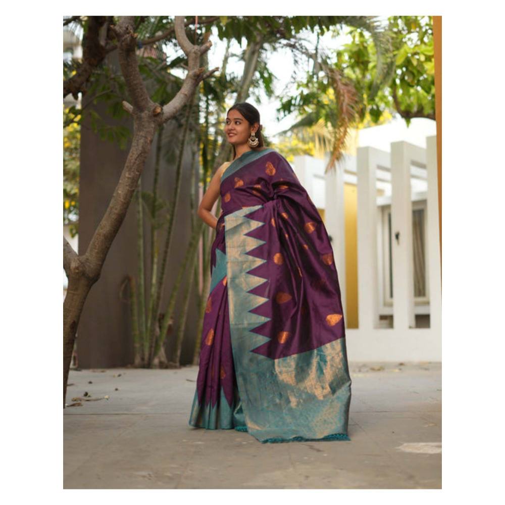 Isadora Life Womens Woven Zari Purple Pre-Draped Saree with Unstitched Blouse