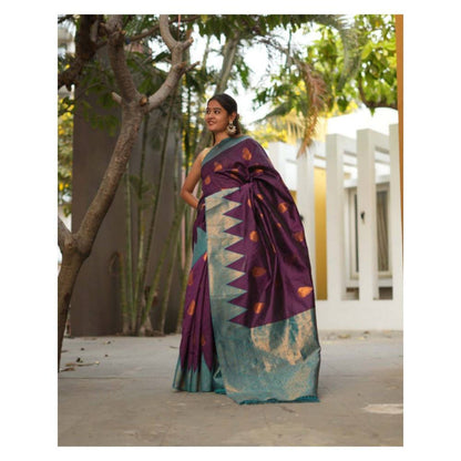 Isadora Life Womens Woven Zari Purple Pre-Draped Saree with Unstitched Blouse