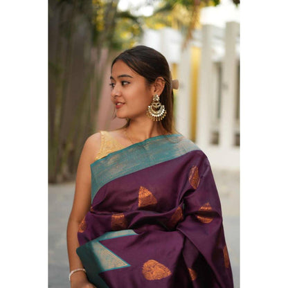 Isadora Life Womens Woven Zari Purple Pre-Draped Saree with Unstitched Blouse