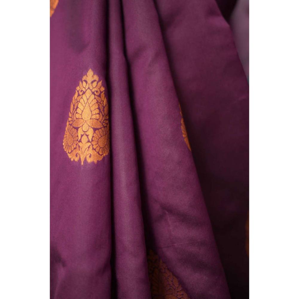 Isadora Life Womens Woven Zari Purple Pre-Draped Saree with Unstitched Blouse