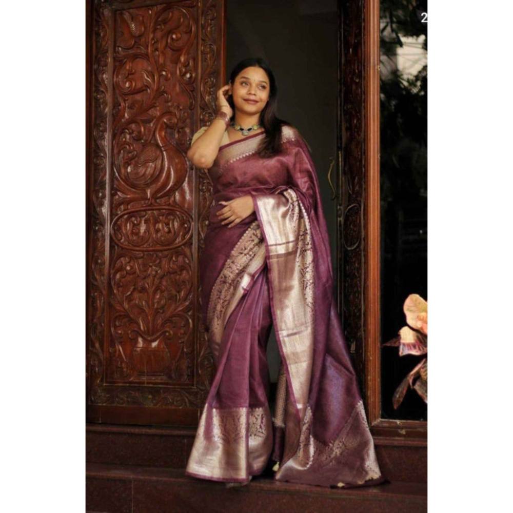 Isadora Life Womens Woven Zari Purple Pre-Draped Saree with Unstitched Blouse