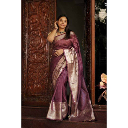 Isadora Life Womens Woven Zari Purple Pre-Draped Saree with Unstitched Blouse