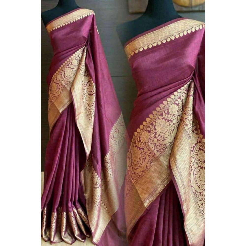 Isadora Life Womens Woven Zari Purple Pre-Draped Saree with Unstitched Blouse