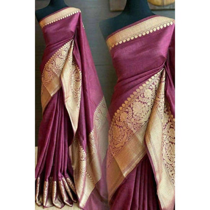 Isadora Life Womens Woven Zari Purple Pre-Draped Saree with Unstitched Blouse