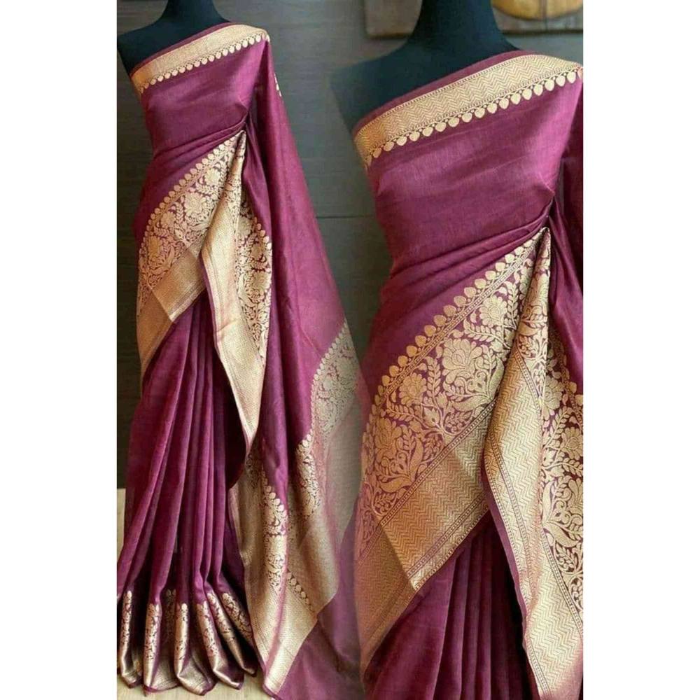 Isadora Life Womens Woven Zari Purple Pre-Draped Saree with Unstitched Blouse