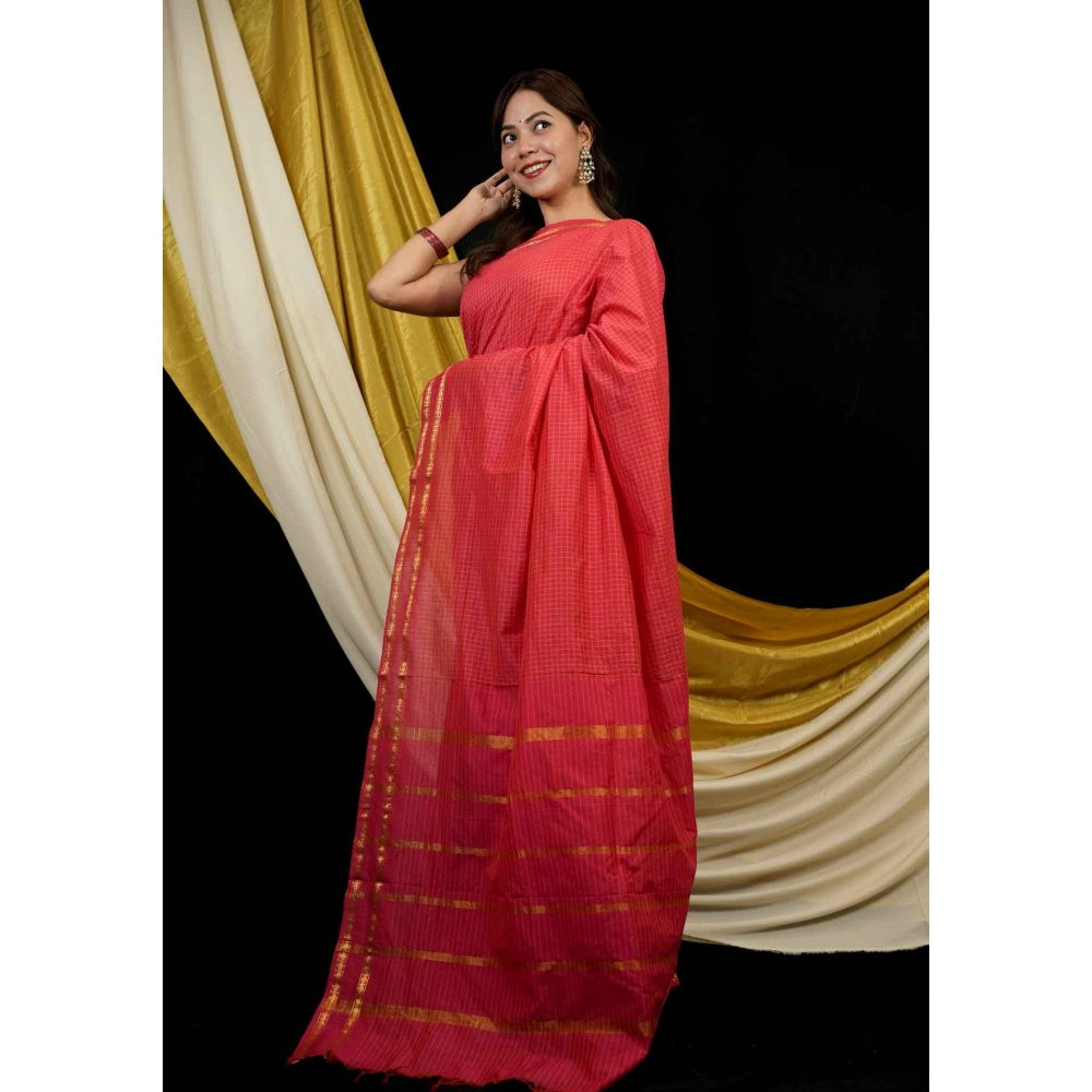 Isadora Life Red Checks Pre-draped Saree With Unstitched Blouse