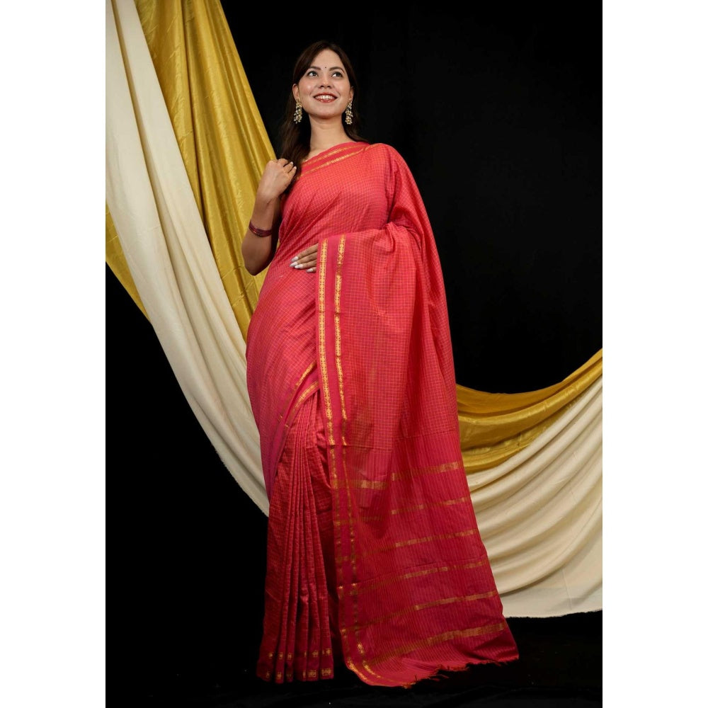 Isadora Life Red Checks Pre-draped Saree With Unstitched Blouse