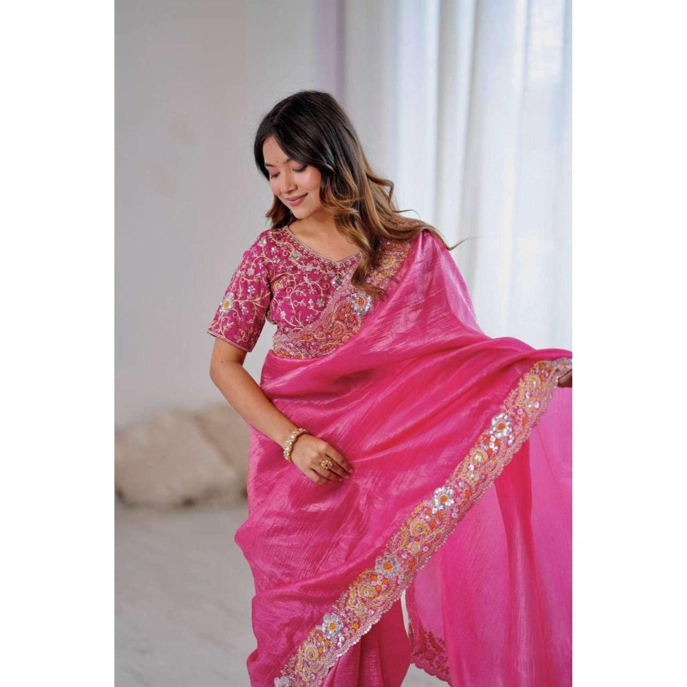 Isadora Life Pink Floral Pre-draped Saree With Unstitched Blouse