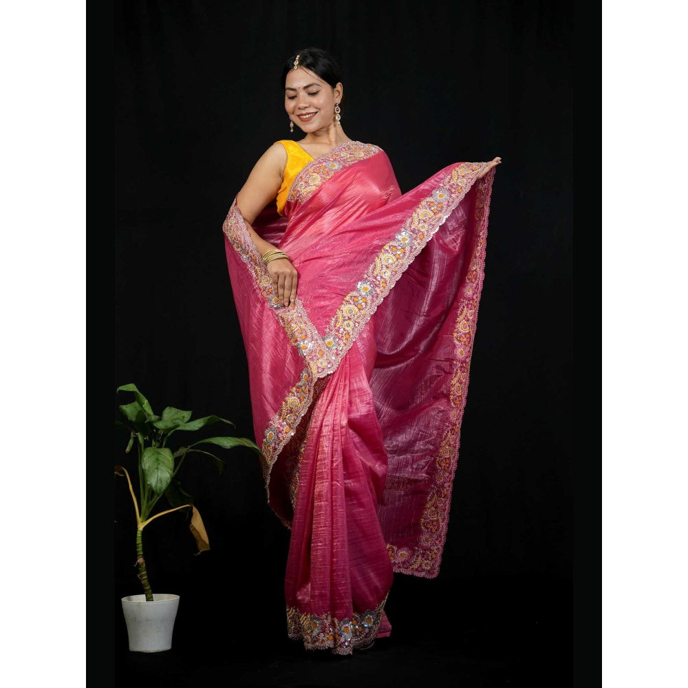 Isadora Life Pink Floral Pre-draped Saree With Unstitched Blouse