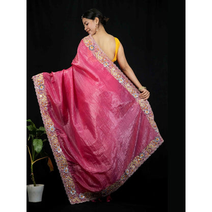 Isadora Life Pink Floral Pre-draped Saree With Unstitched Blouse