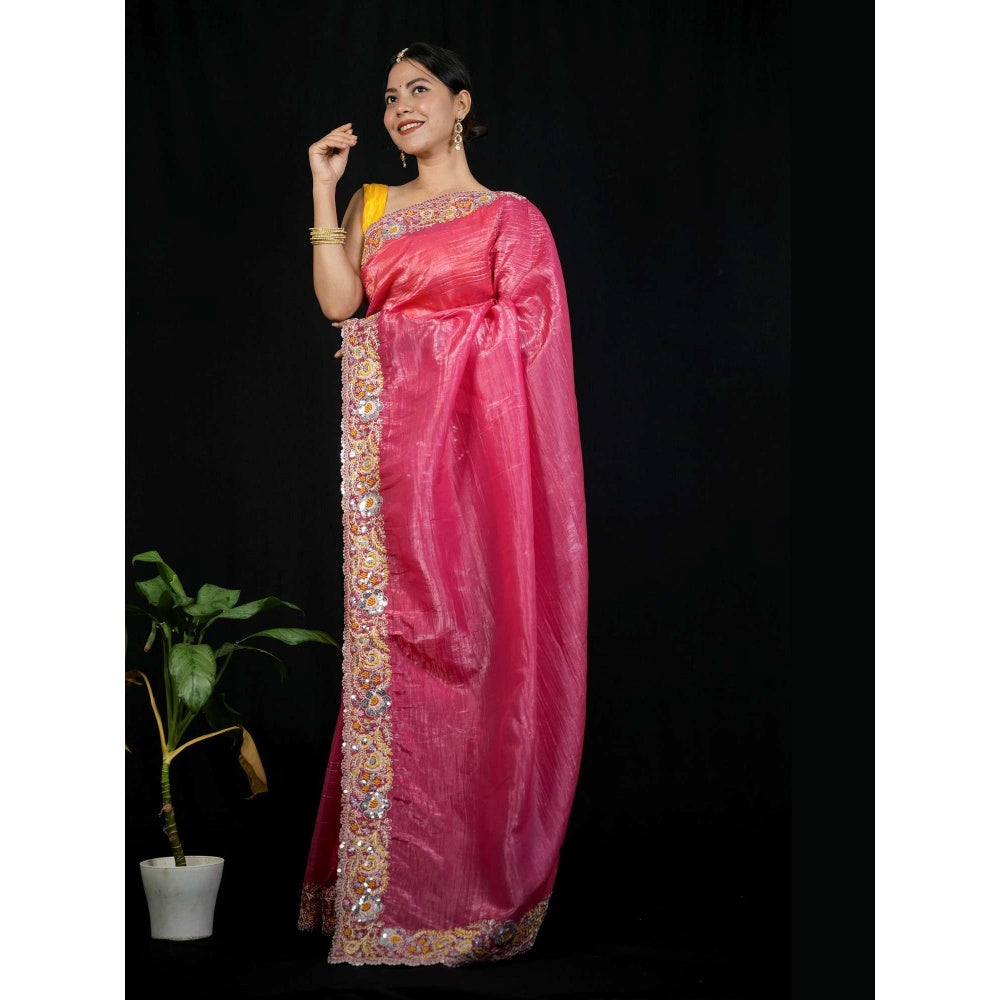 Isadora Life Pink Floral Pre-draped Saree With Unstitched Blouse