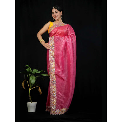 Isadora Life Pink Floral Pre-draped Saree With Unstitched Blouse