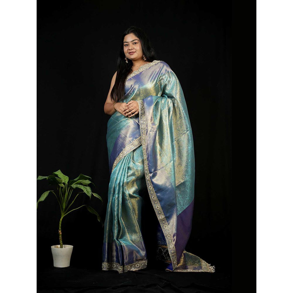 Isadora Life Green Floral Pre-draped Saree With Unstitched Blouse