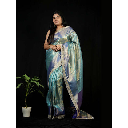 Isadora Life Green Floral Pre-draped Saree With Unstitched Blouse