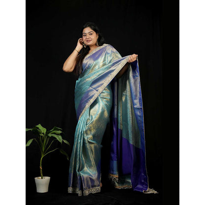 Isadora Life Green Floral Pre-draped Saree With Unstitched Blouse