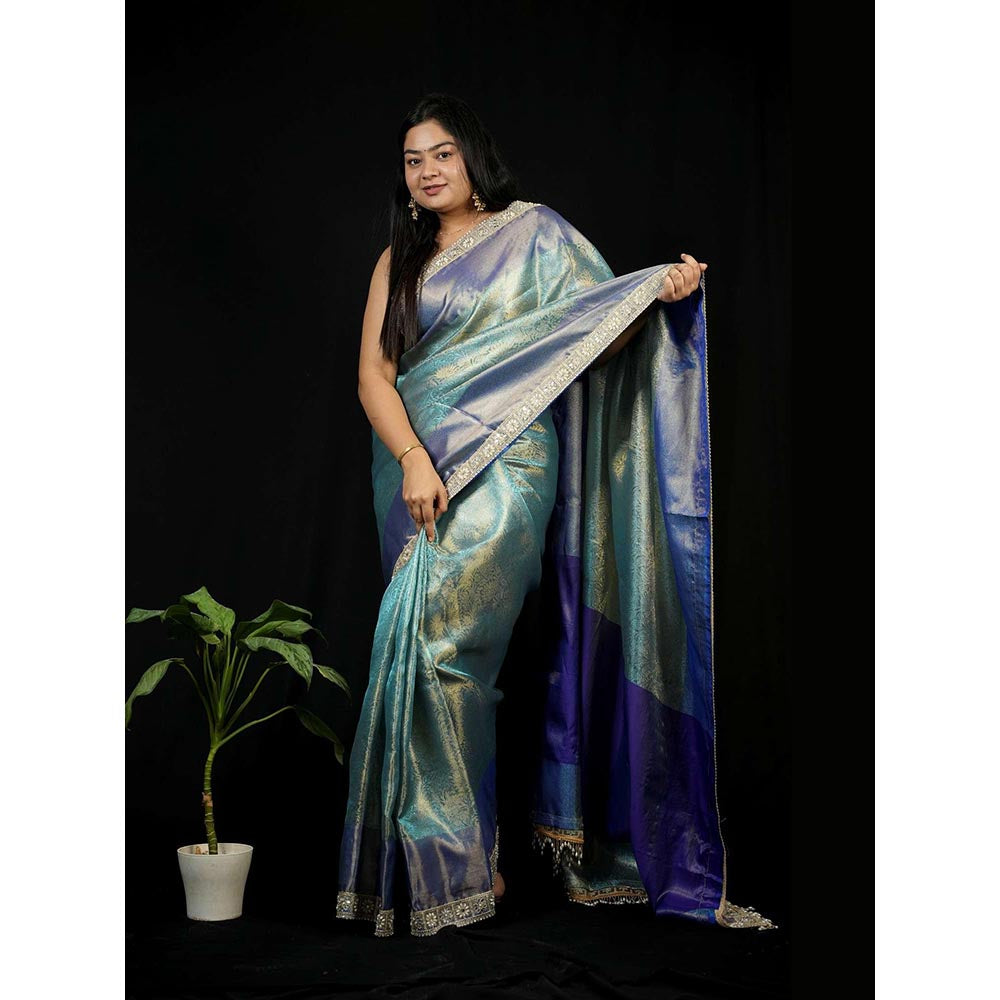 Isadora Life Green Floral Pre-draped Saree With Unstitched Blouse