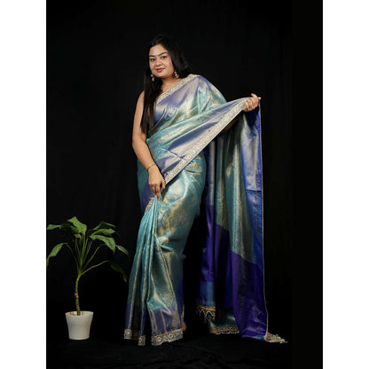 Isadora Life Green Floral Pre-draped Saree With Unstitched Blouse