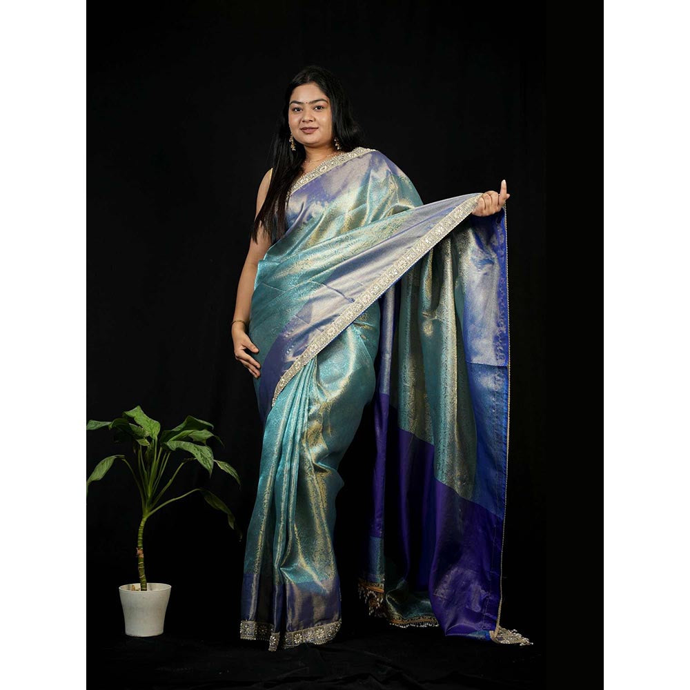Isadora Life Green Floral Pre-draped Saree With Unstitched Blouse