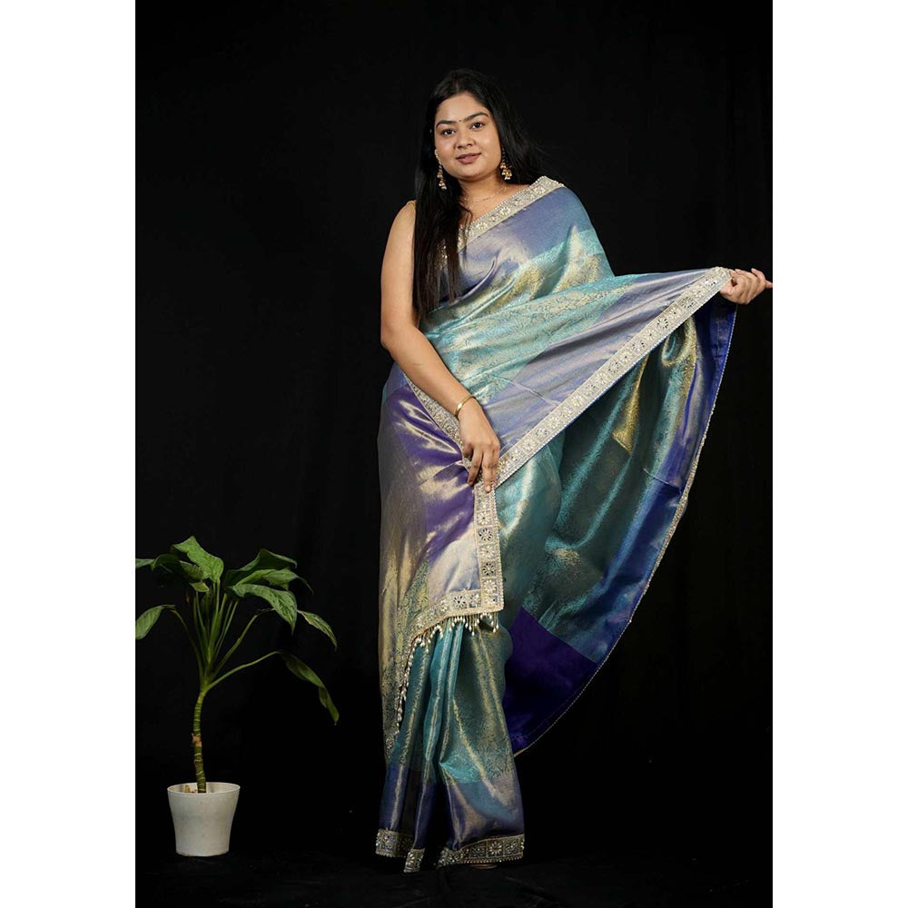 Isadora Life Green Floral Pre-draped Saree With Unstitched Blouse