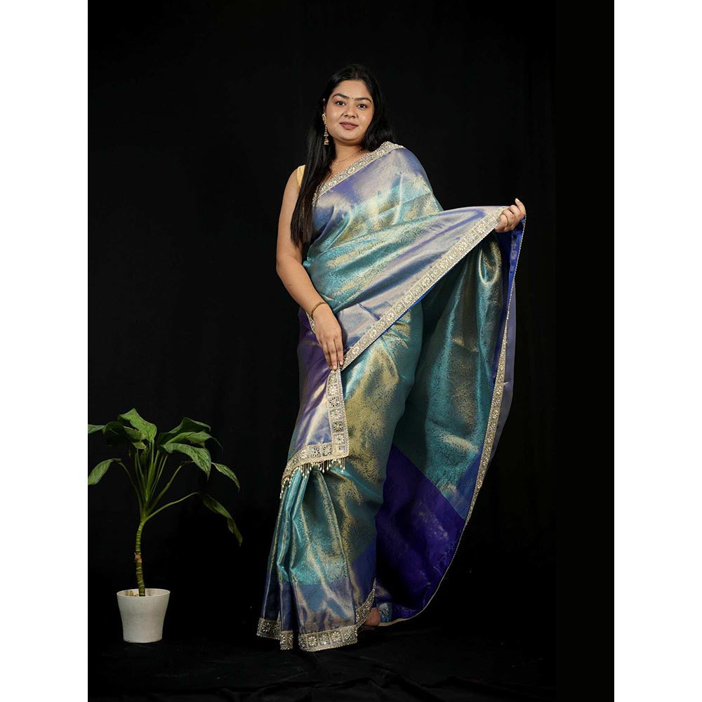 Isadora Life Green Floral Pre-draped Saree With Unstitched Blouse