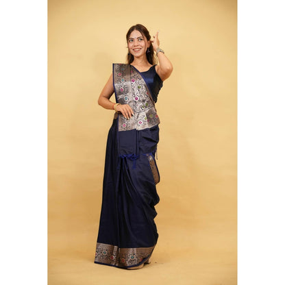 Isadora Life Blue Woven Pre-draped Saree With Unstitched Blouse
