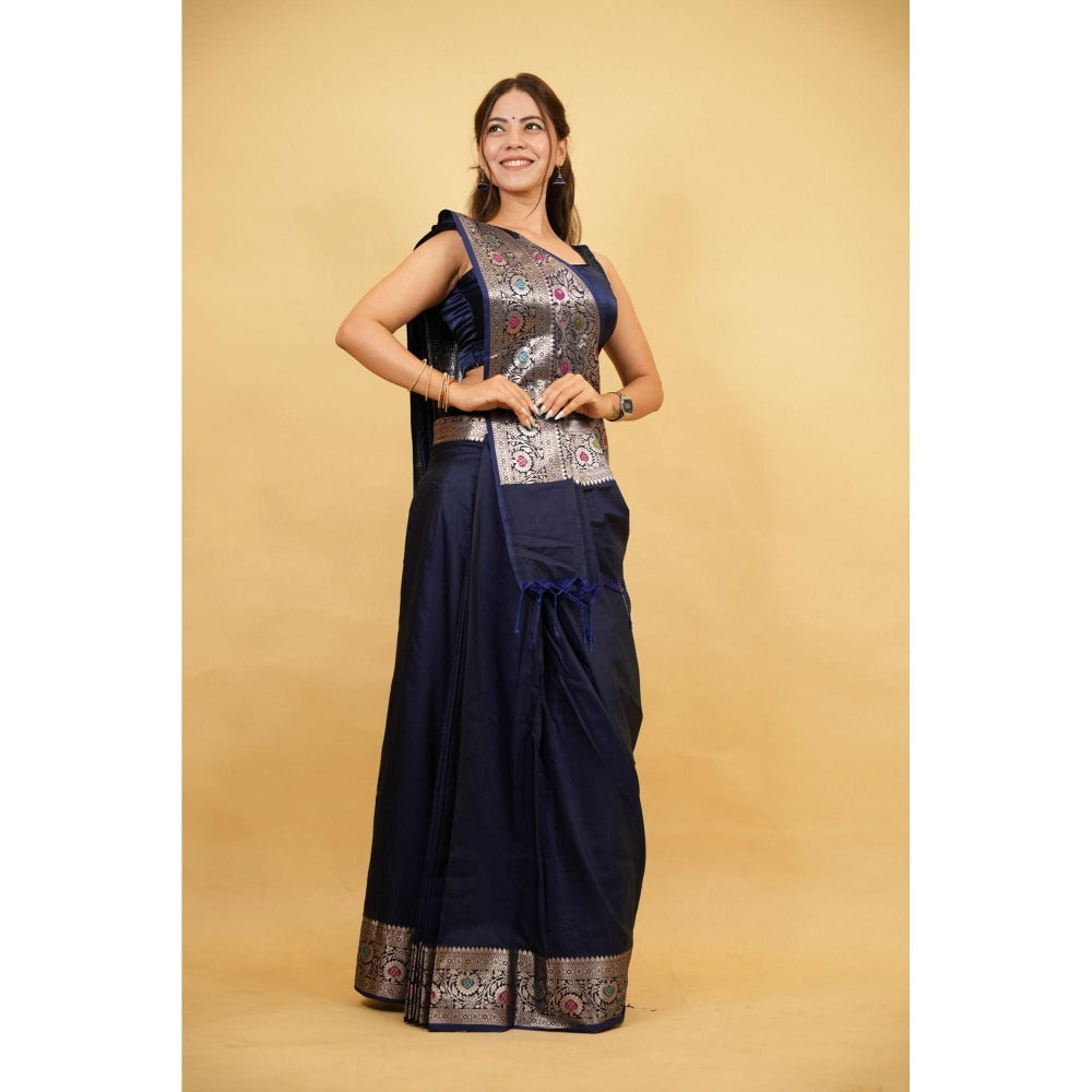 Isadora Life Blue Woven Pre-draped Saree With Unstitched Blouse