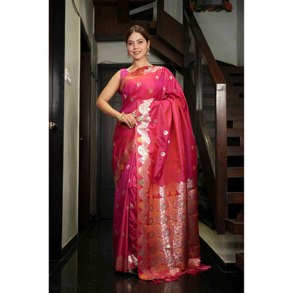 Isadora Life Red Solid/Plain Pre-draped Saree With Unstitched Blouse