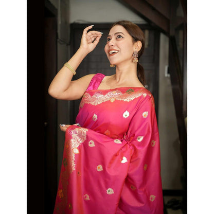 Isadora Life Red Solid/Plain Pre-draped Saree With Unstitched Blouse