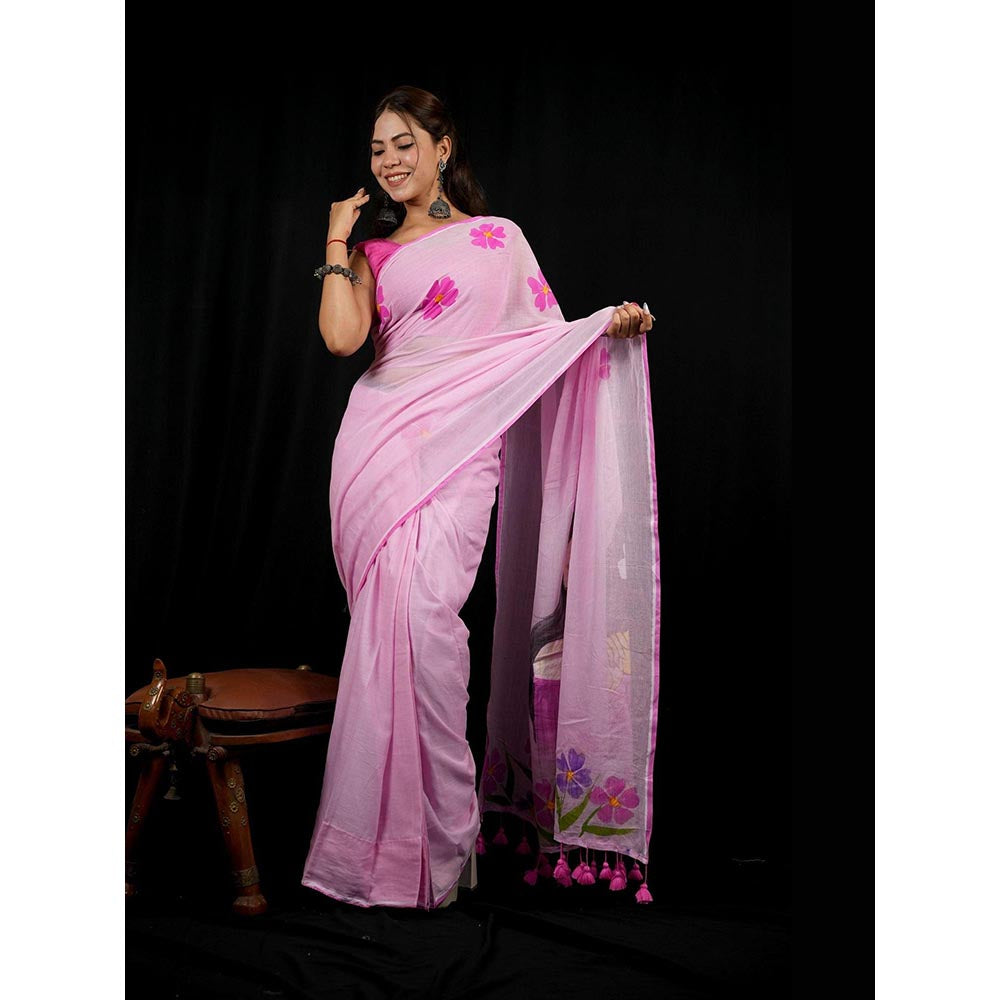 Isadora Life Purple Floral Pre-draped Saree With Unstitched Blouse