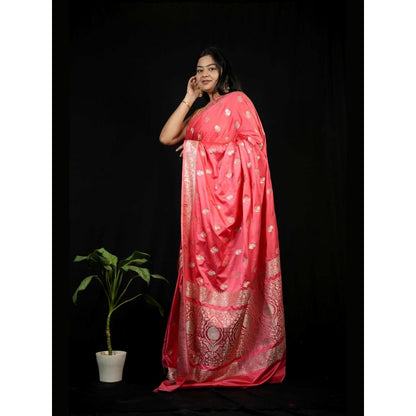 Isadora Life Peach Floral Pre-draped Saree With Unstitched Blouse