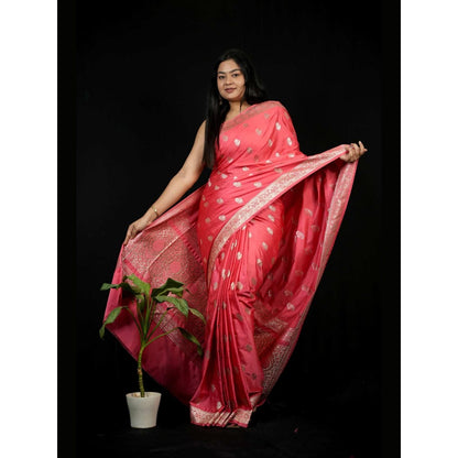 Isadora Life Peach Floral Pre-draped Saree With Unstitched Blouse