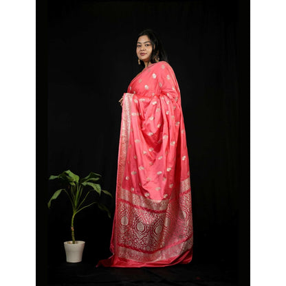 Isadora Life Peach Floral Pre-draped Saree With Unstitched Blouse