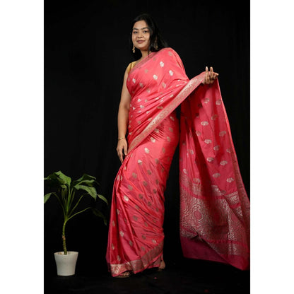 Isadora Life Peach Floral Pre-draped Saree With Unstitched Blouse