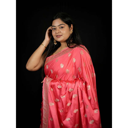 Isadora Life Peach Floral Pre-draped Saree With Unstitched Blouse