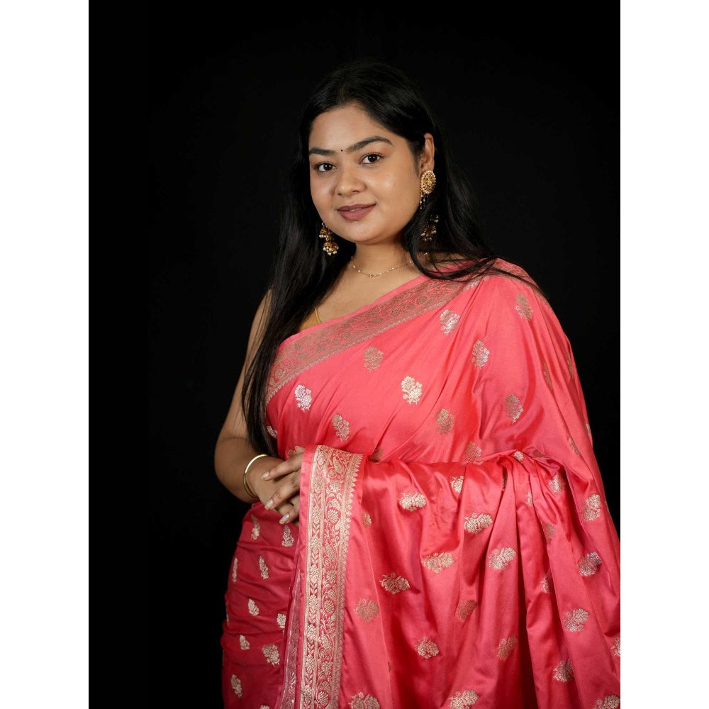 Isadora Life Peach Floral Pre-draped Saree With Unstitched Blouse