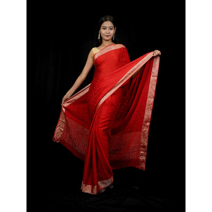 Isadora Life Red Woven Pre-draped Saree With Unstitched Blouse