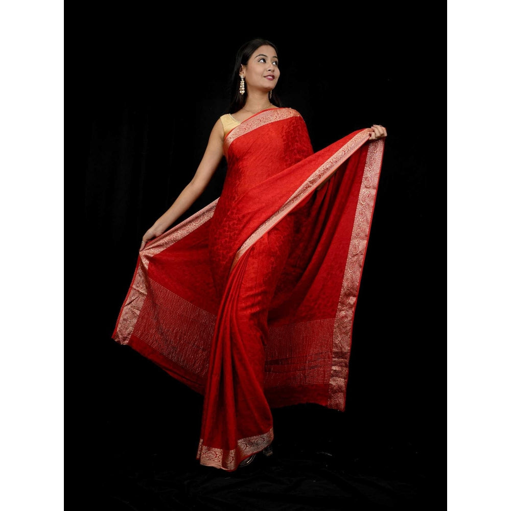 Isadora Life Red Woven Pre-draped Saree With Unstitched Blouse