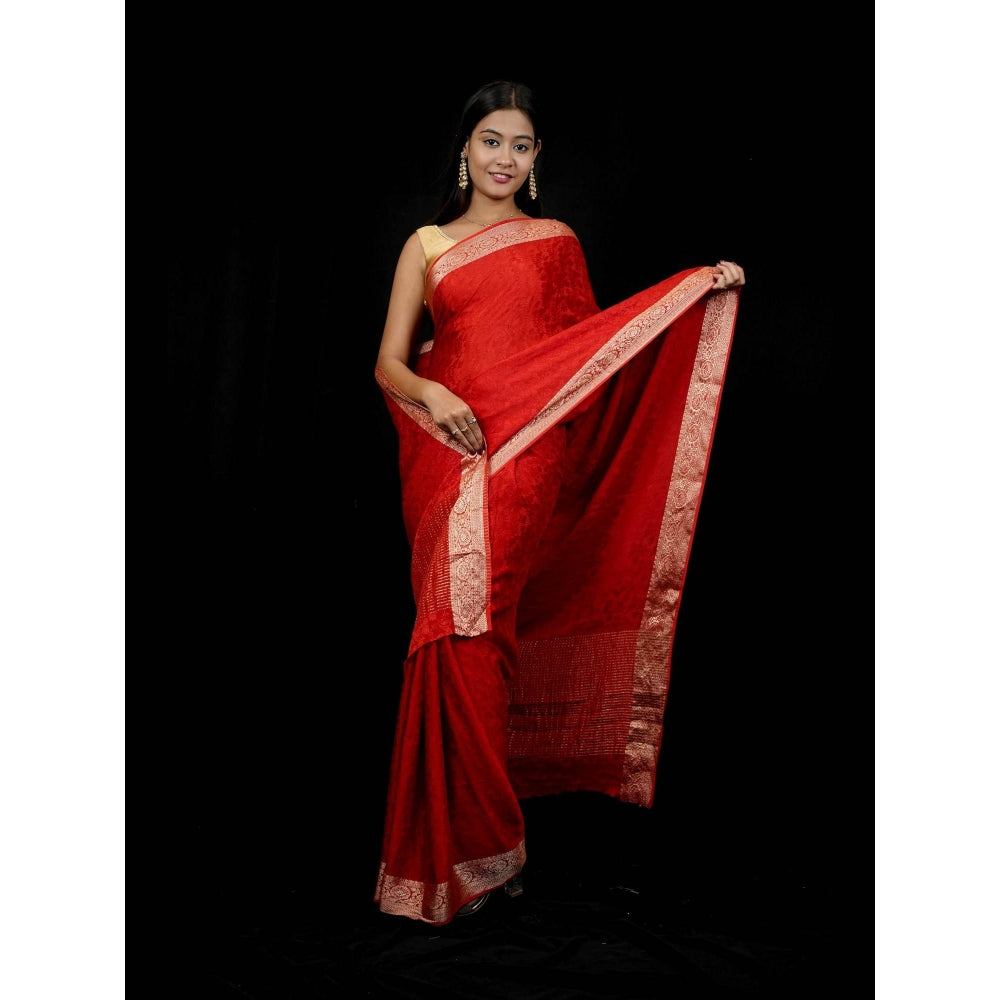 Isadora Life Red Woven Pre-draped Saree With Unstitched Blouse