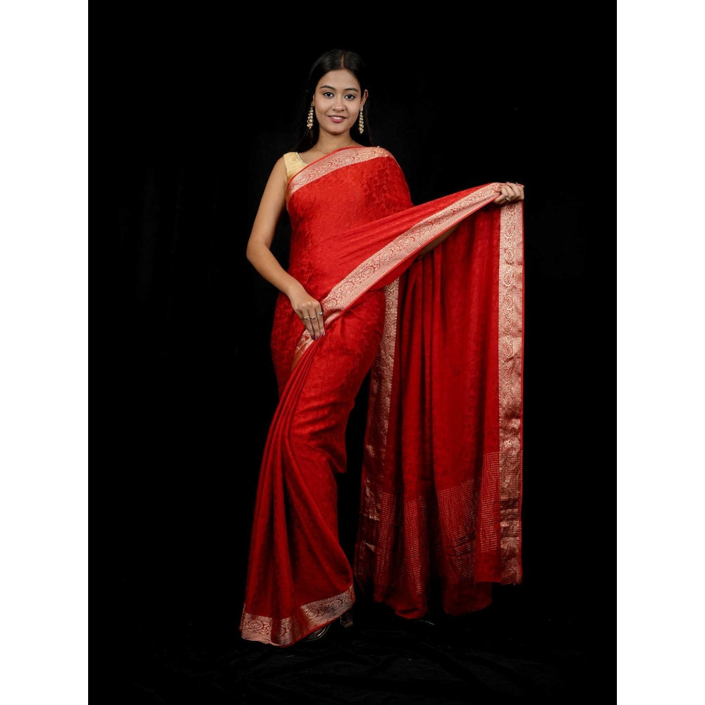 Isadora Life Red Woven Pre-draped Saree With Unstitched Blouse