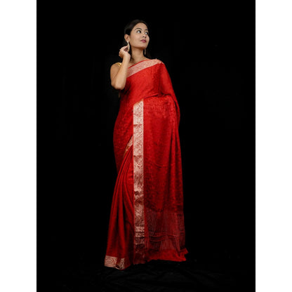 Isadora Life Red Woven Pre-draped Saree With Unstitched Blouse