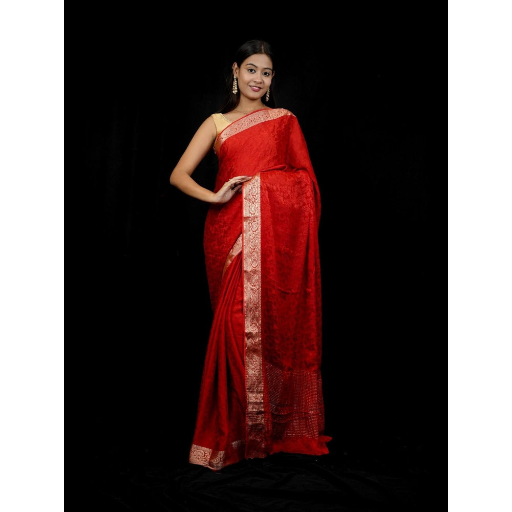 Isadora Life Red Woven Pre-draped Saree With Unstitched Blouse