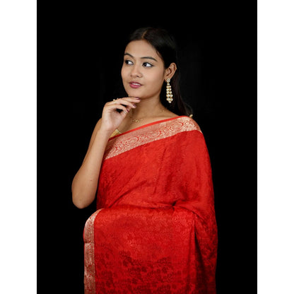 Isadora Life Red Woven Pre-draped Saree With Unstitched Blouse