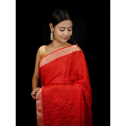 Isadora Life Red Woven Pre-draped Saree With Unstitched Blouse