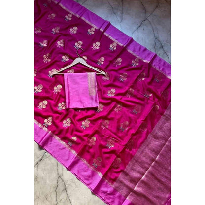 Isadora Life Pink Floral Pre-draped Saree With Unstitched Blouse