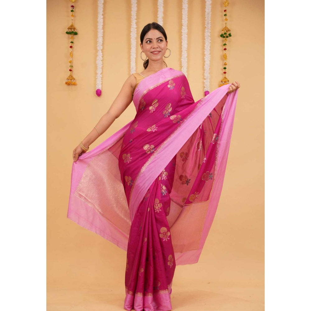 Isadora Life Pink Floral Pre-draped Saree With Unstitched Blouse
