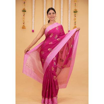 Isadora Life Pink Floral Pre-draped Saree With Unstitched Blouse