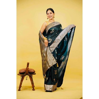 Isadora Life Teal Embroidered Pre-Draped Saree with Unstitched Blouse