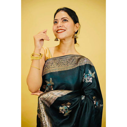 Isadora Life Teal Embroidered Pre-Draped Saree with Unstitched Blouse