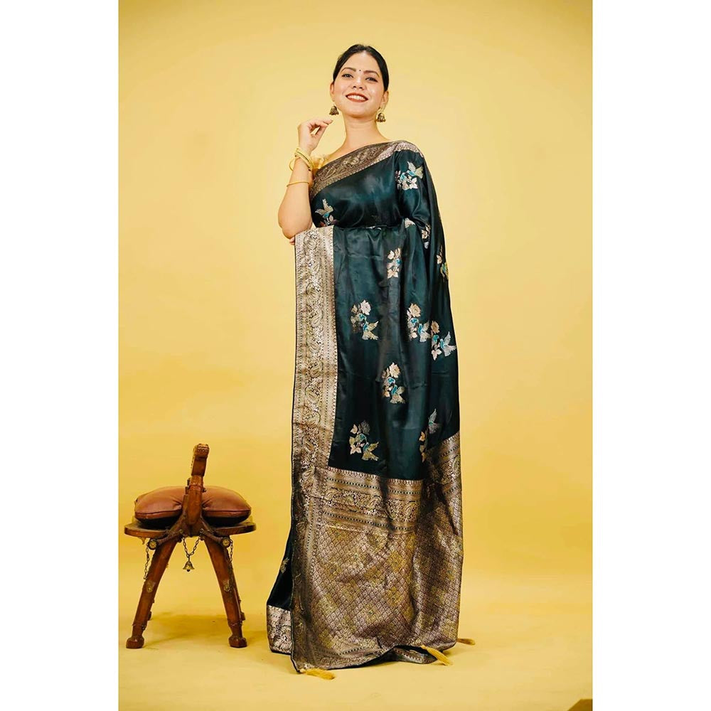 Isadora Life Teal Embroidered Pre-Draped Saree with Unstitched Blouse